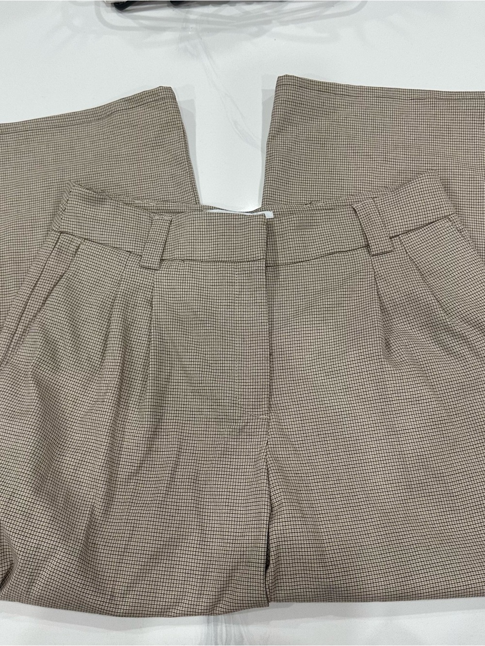 Belle Verde tan brown plaid houndstooth wide leg dress pants